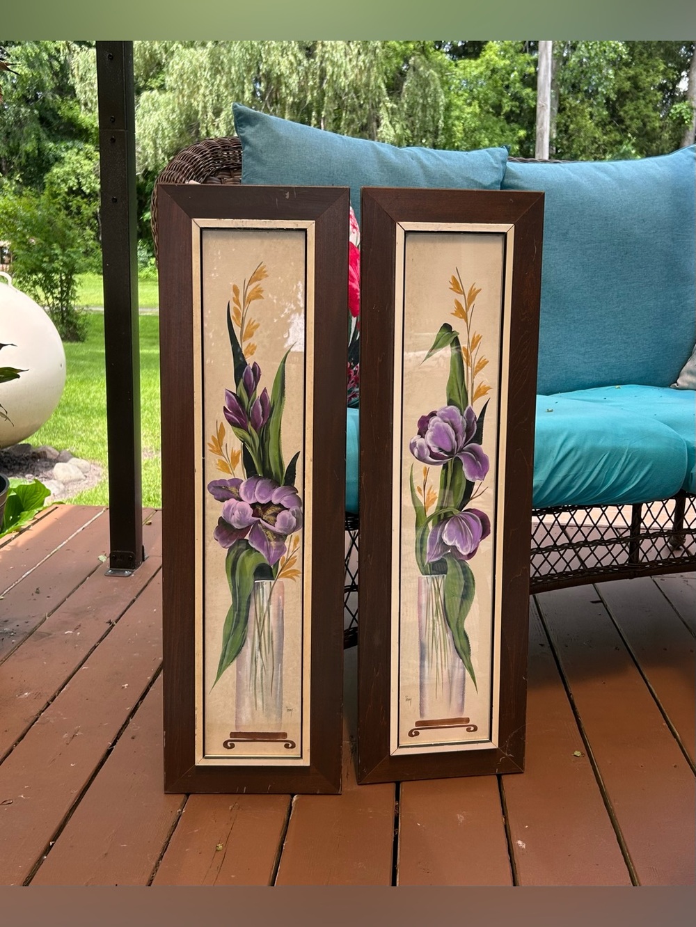 Vintage 70s Pair of G Inez Iris Floral Lithograph Print Framed Franklin Pictures